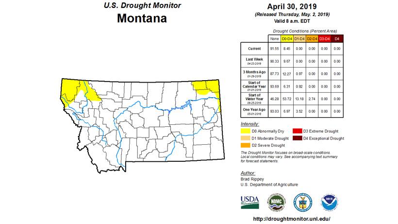 Montana drought monitor status as of end of april 2019