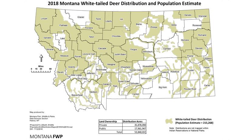 2018 montana whitetail deer distribution and population estimate map
