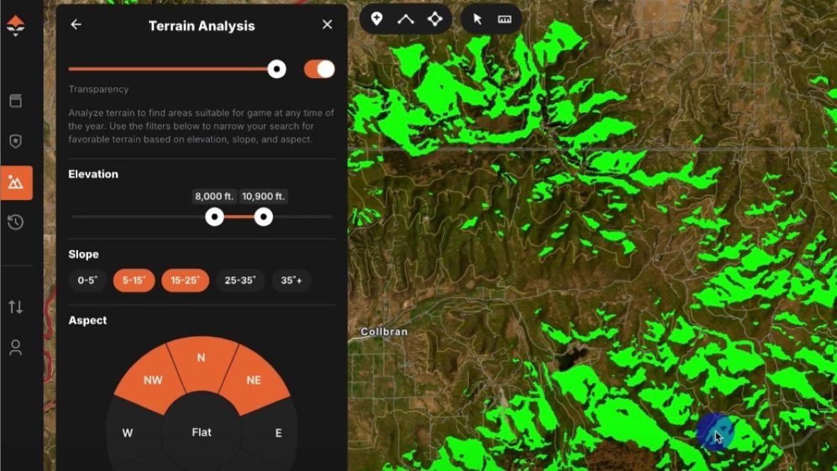 Terrain Analysis tool with elevation slope aspect filters applied