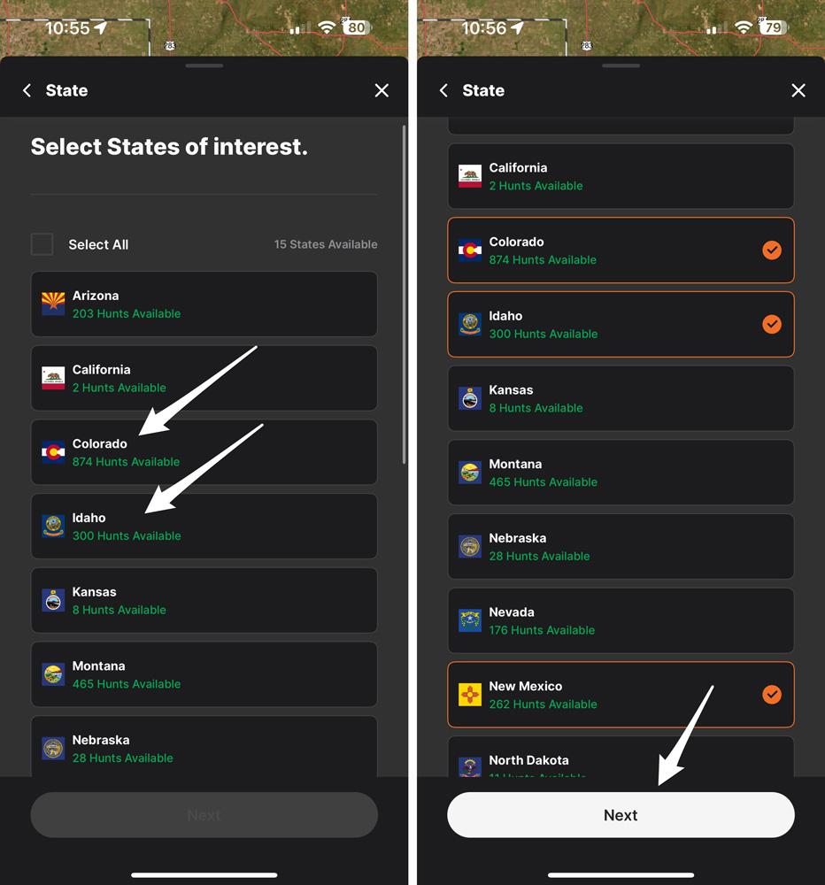 State selection when using GOHUNT mobile app to research hunts