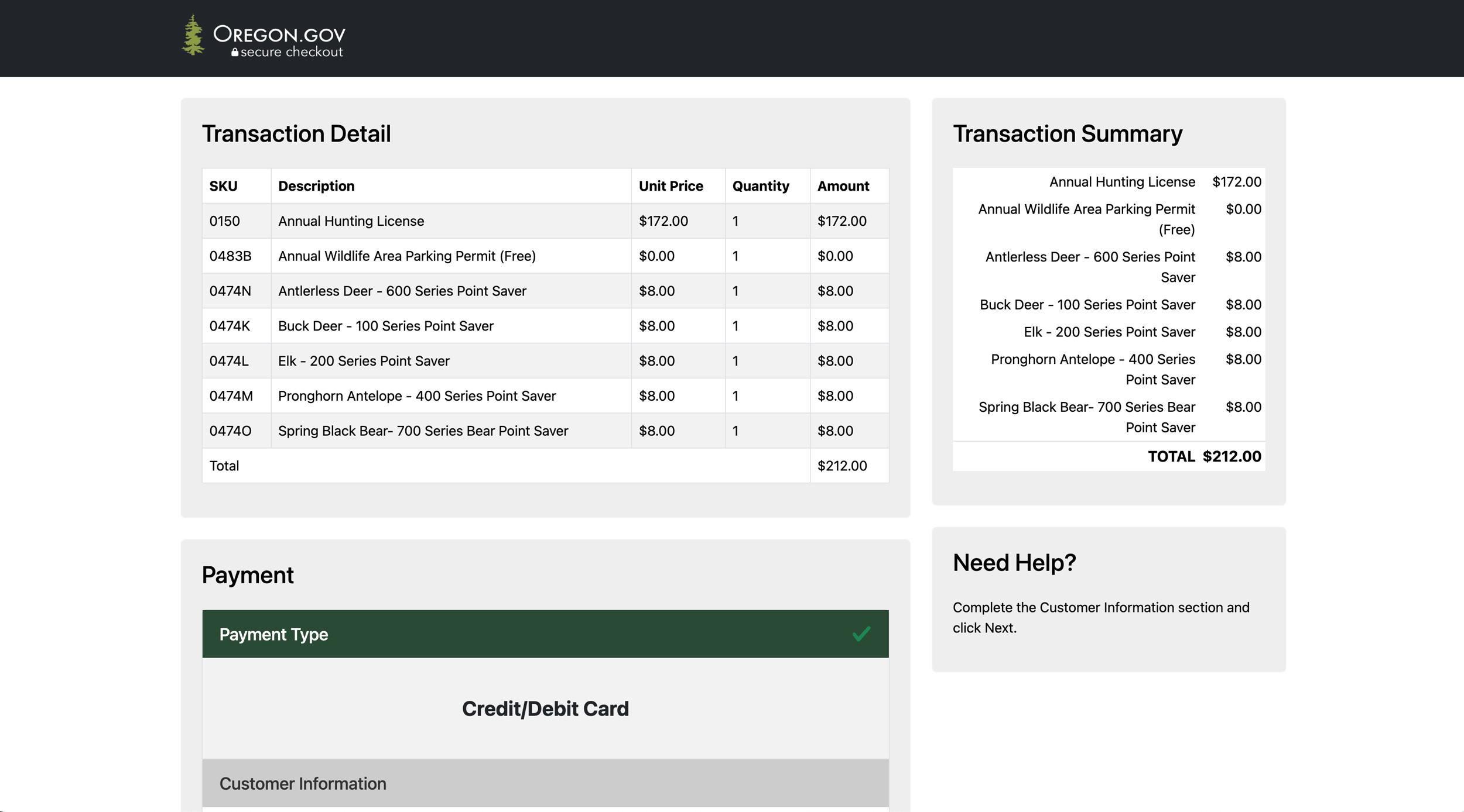 Checkout page to purchase Oregon controlled hunt preference points