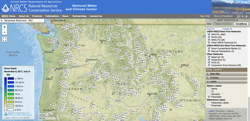 Snotel snow depth sites showing inches of snow
