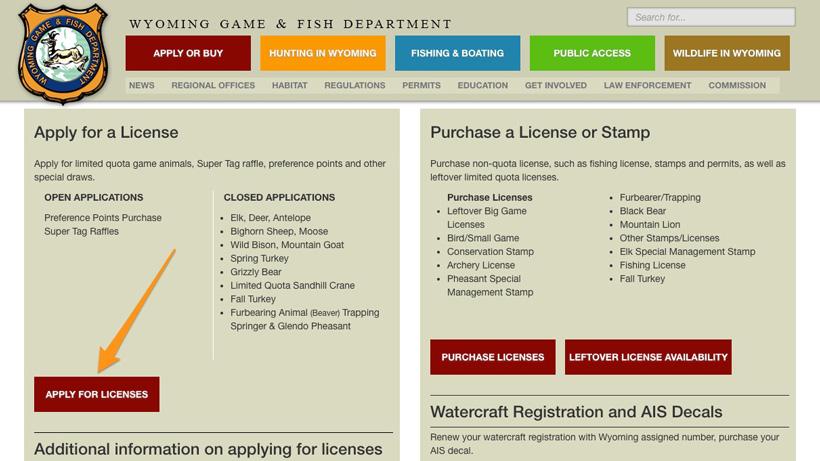 Screen shot of wyoming apply for hunting license page