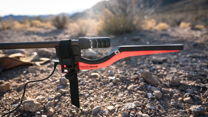 Magnetospeed chronograph mounted on rifle barrel
