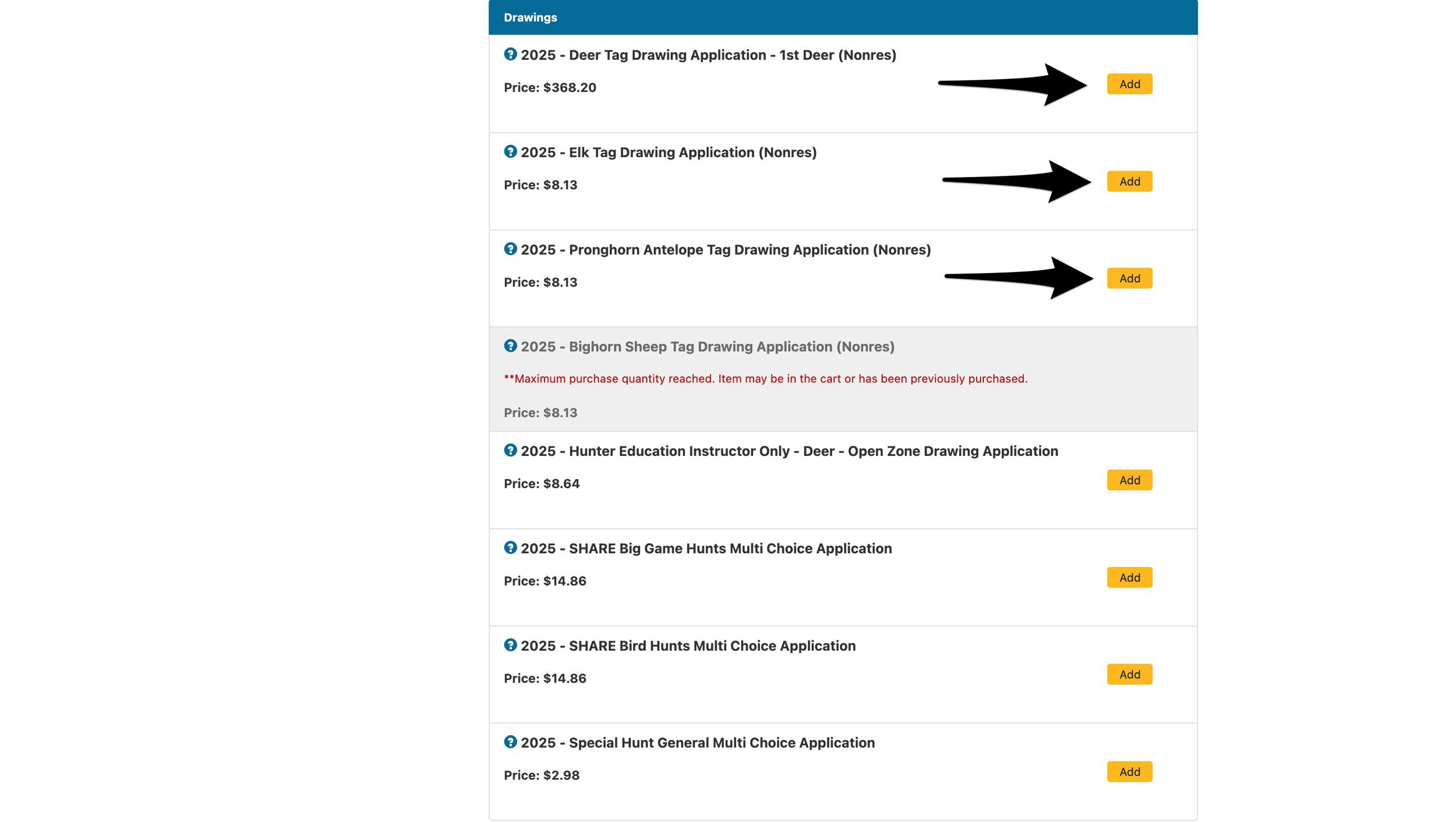 Purchase preference points in California for more species