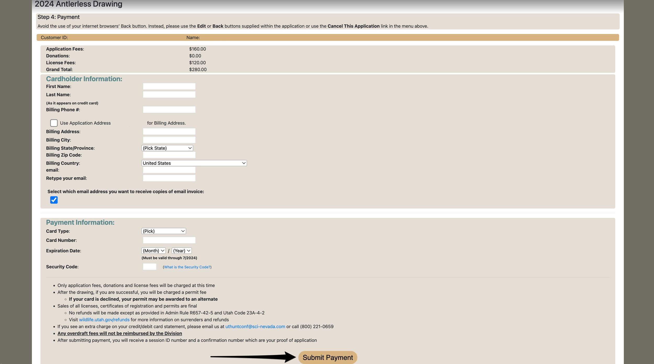 Entering card information and submitting payment for Utah bonus points and preference points