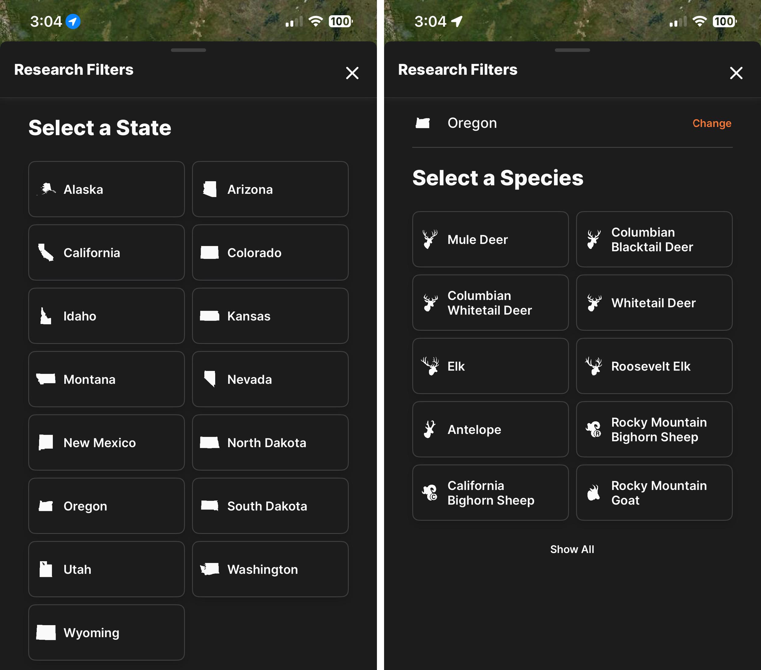 Selecting a state and species to research on the GOHUNT app