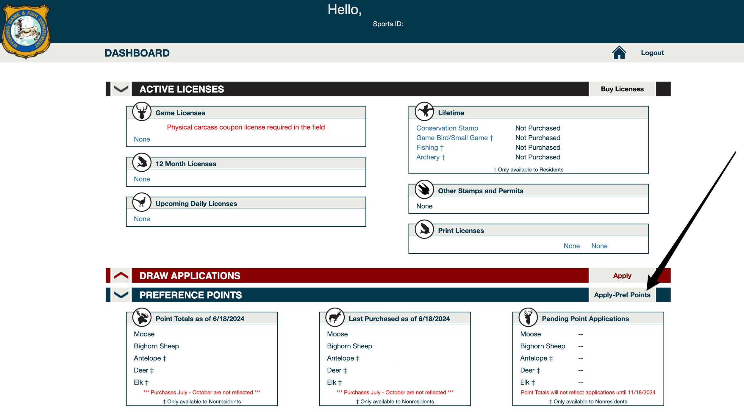 Viewing Wyoming preference point totals and purchasing current year points for future hunts