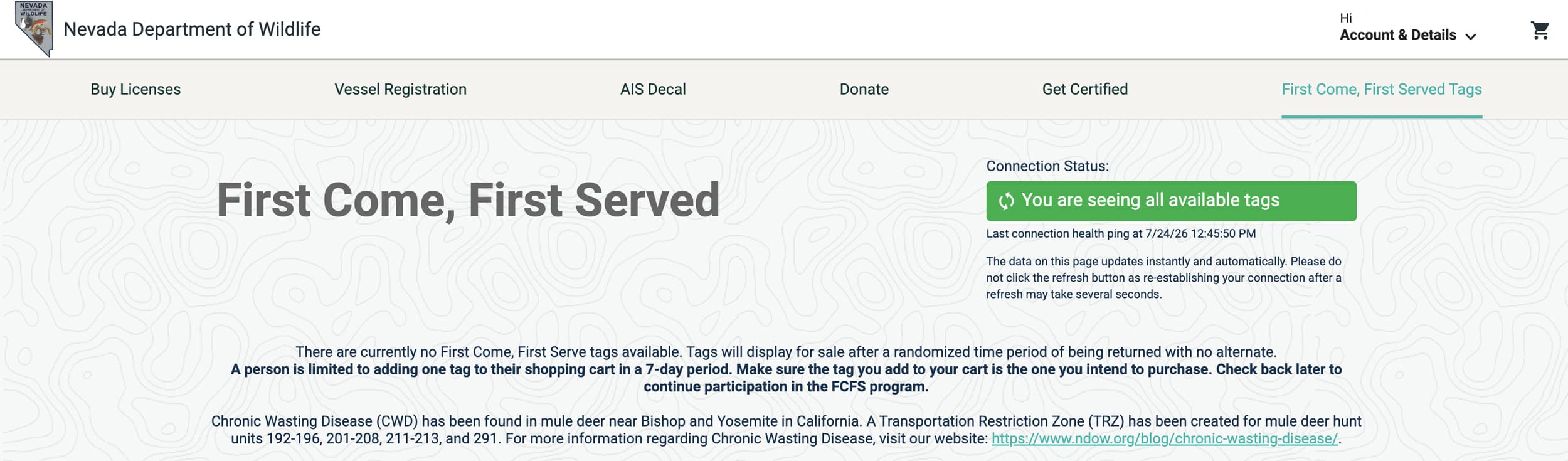 View of Nevada first come, first served hunting tag screen waiting for license to show