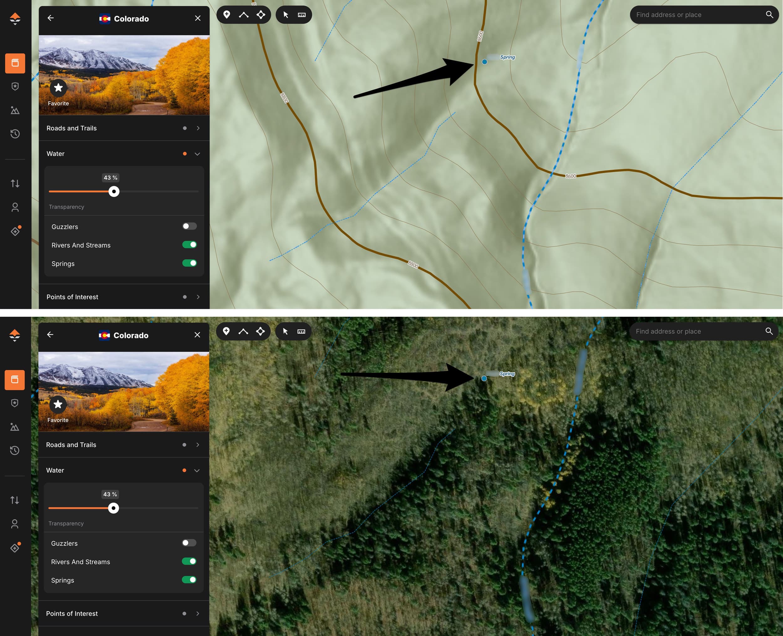 Viewing springs on topographical maps and satellite imagery