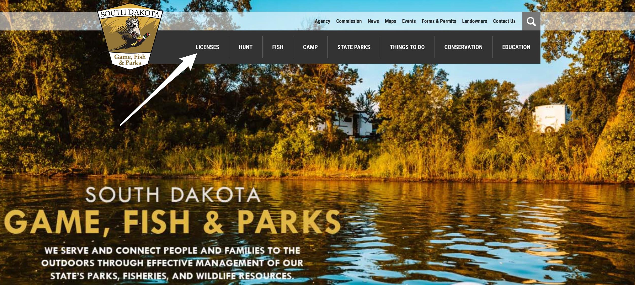 South Dakota Game Fish and Parks website homepage