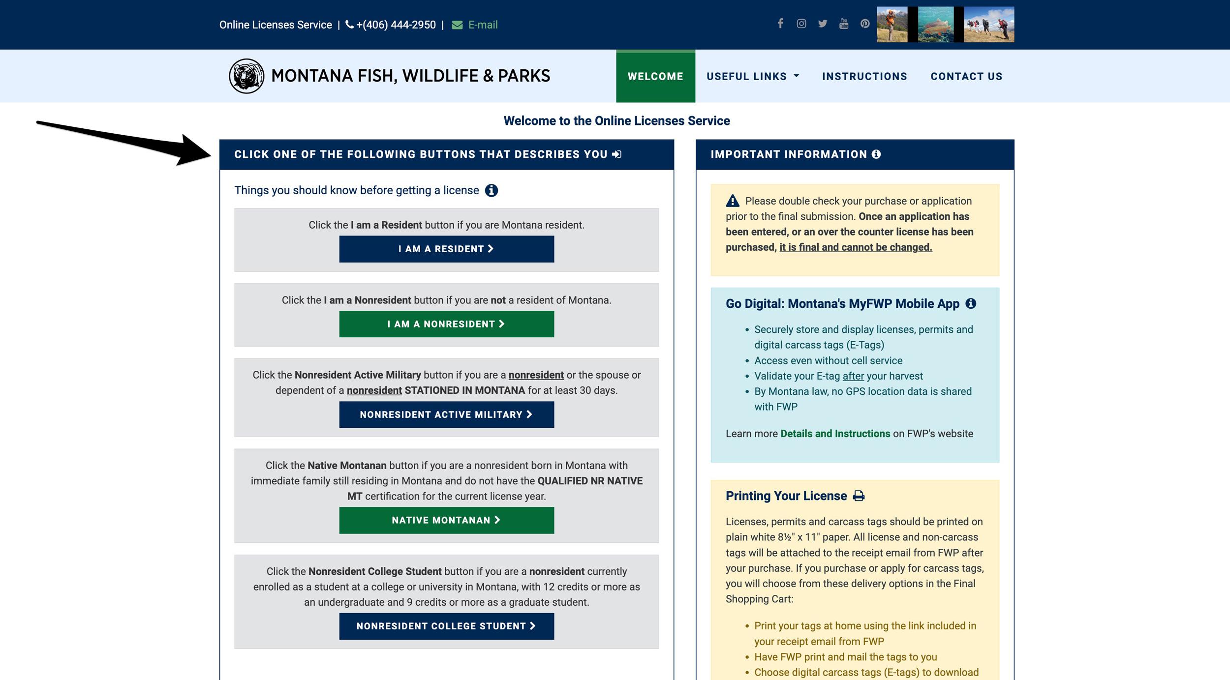 Montana online hunting licensing page select residency