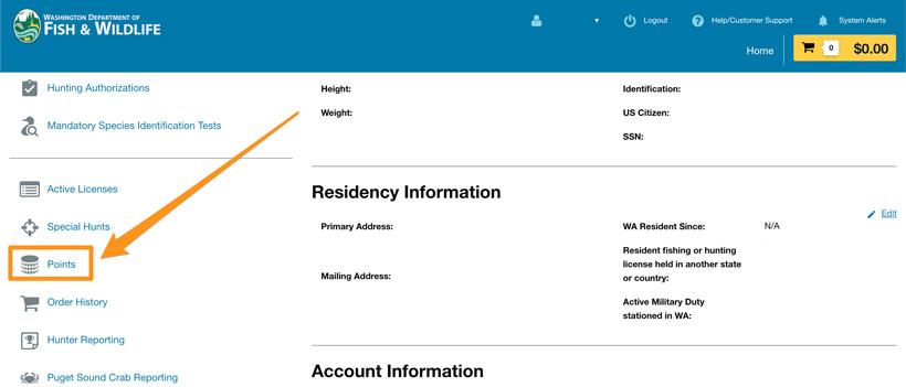 Click on points on your washington account