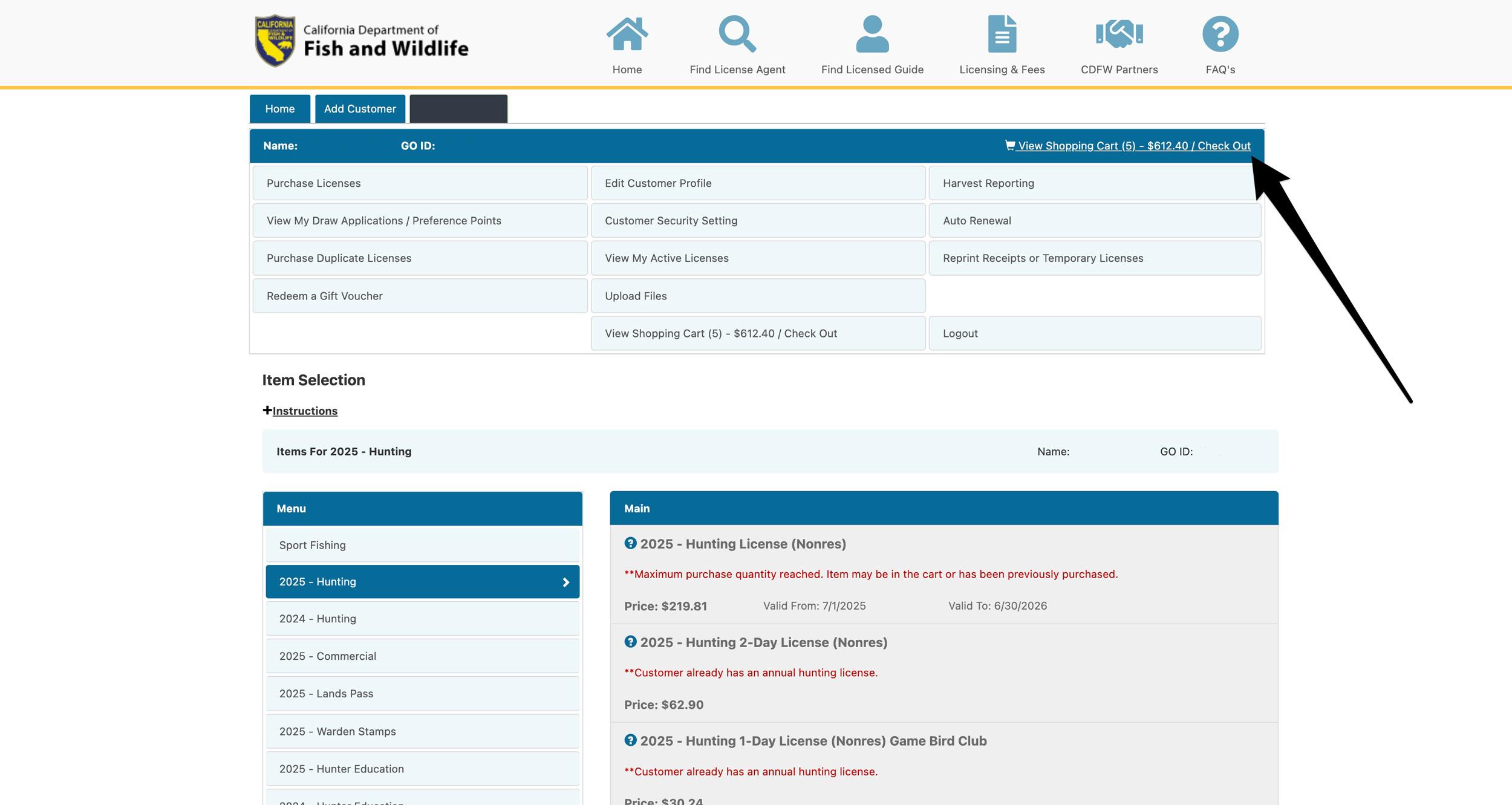 Viewing your California Department of Wildlife shopping cart when purchasing preference points