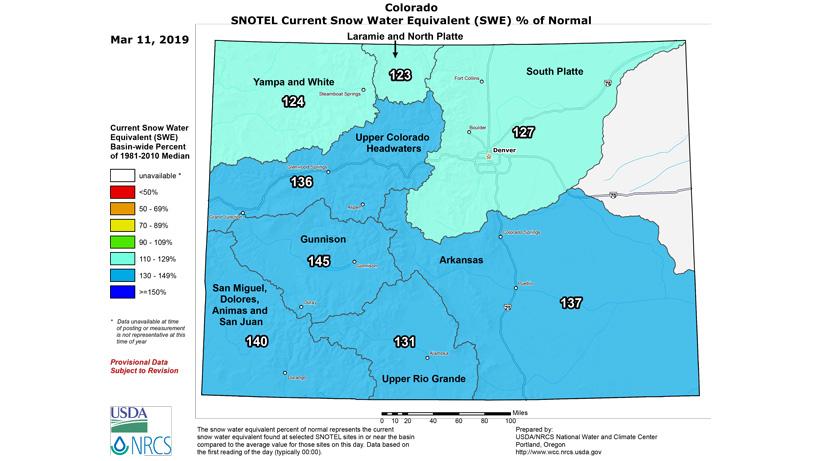 March 2019 colorado snow water equivalent percent of normal