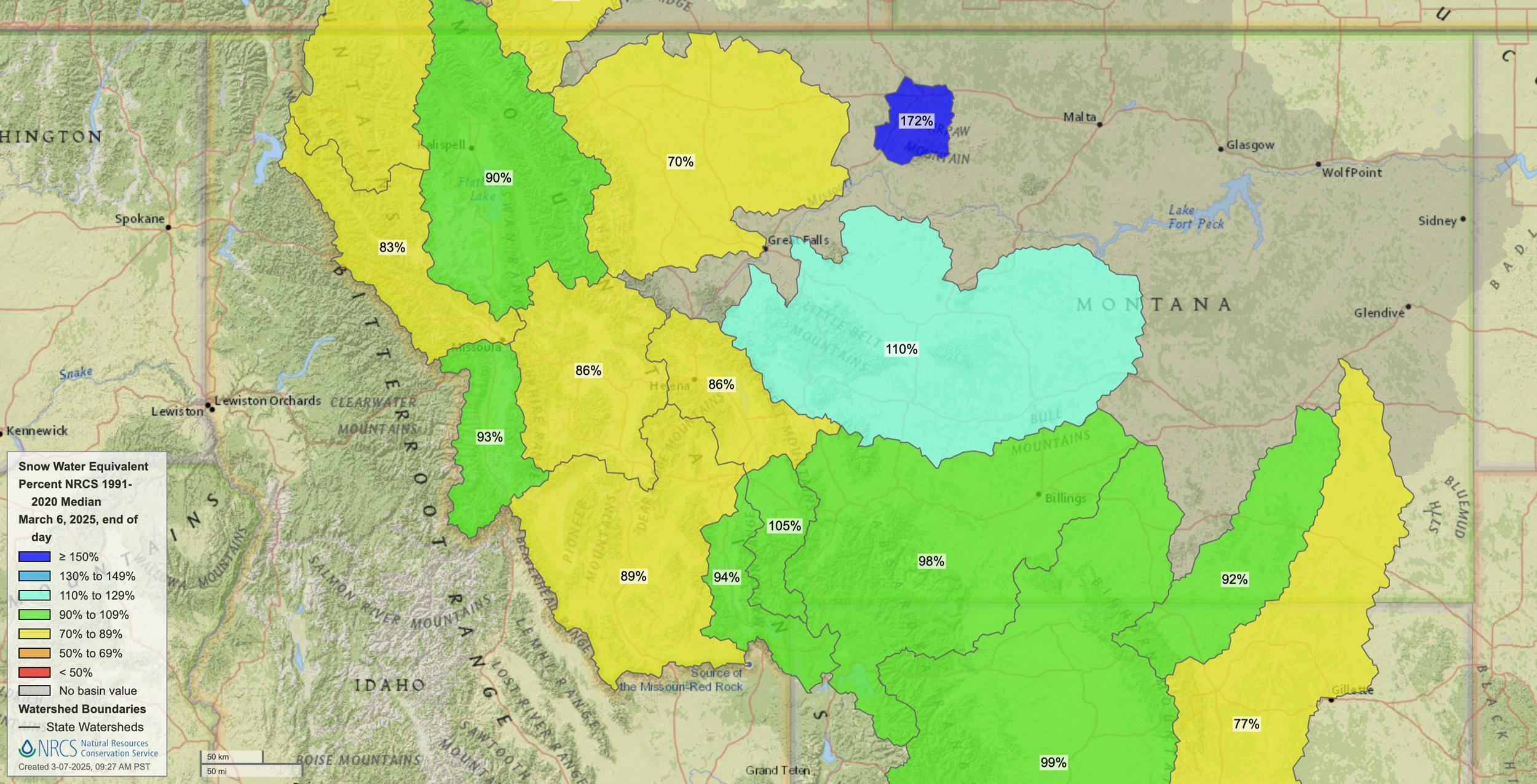 Montana early March 2025 snow water equivalent map