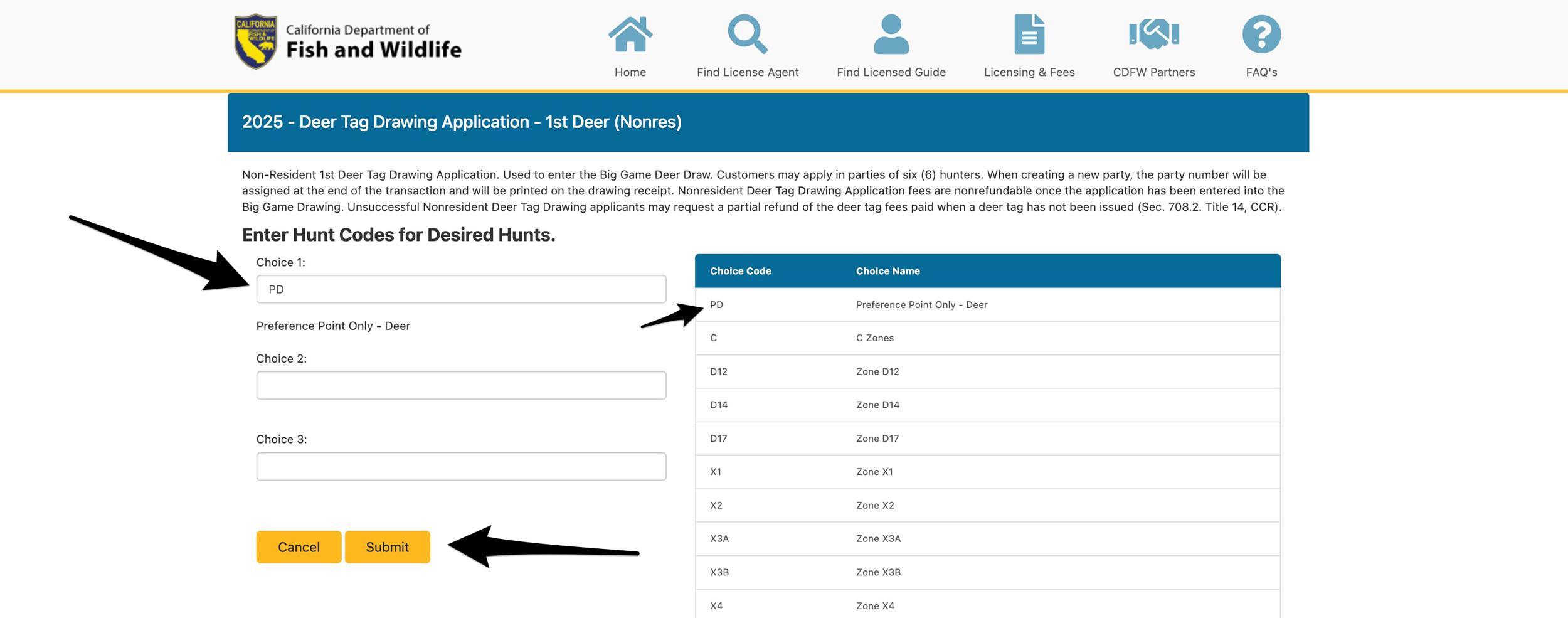 California deer preference point choice code PD