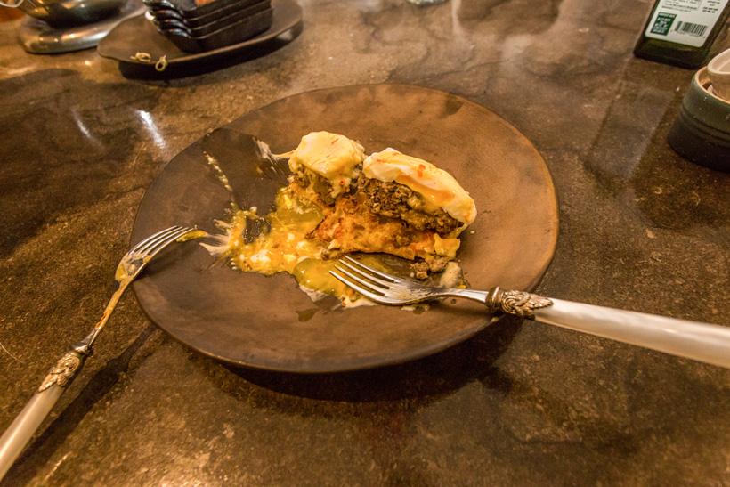 Eating elk sausage eggs benedict