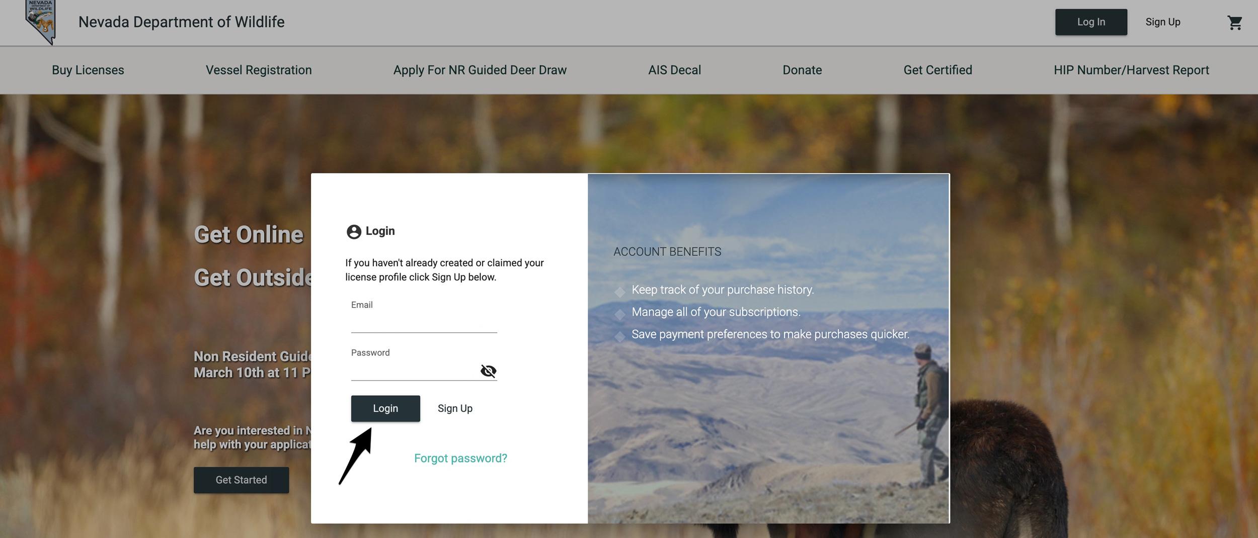 Entering credentials to access your Nevada hunting licensing account
