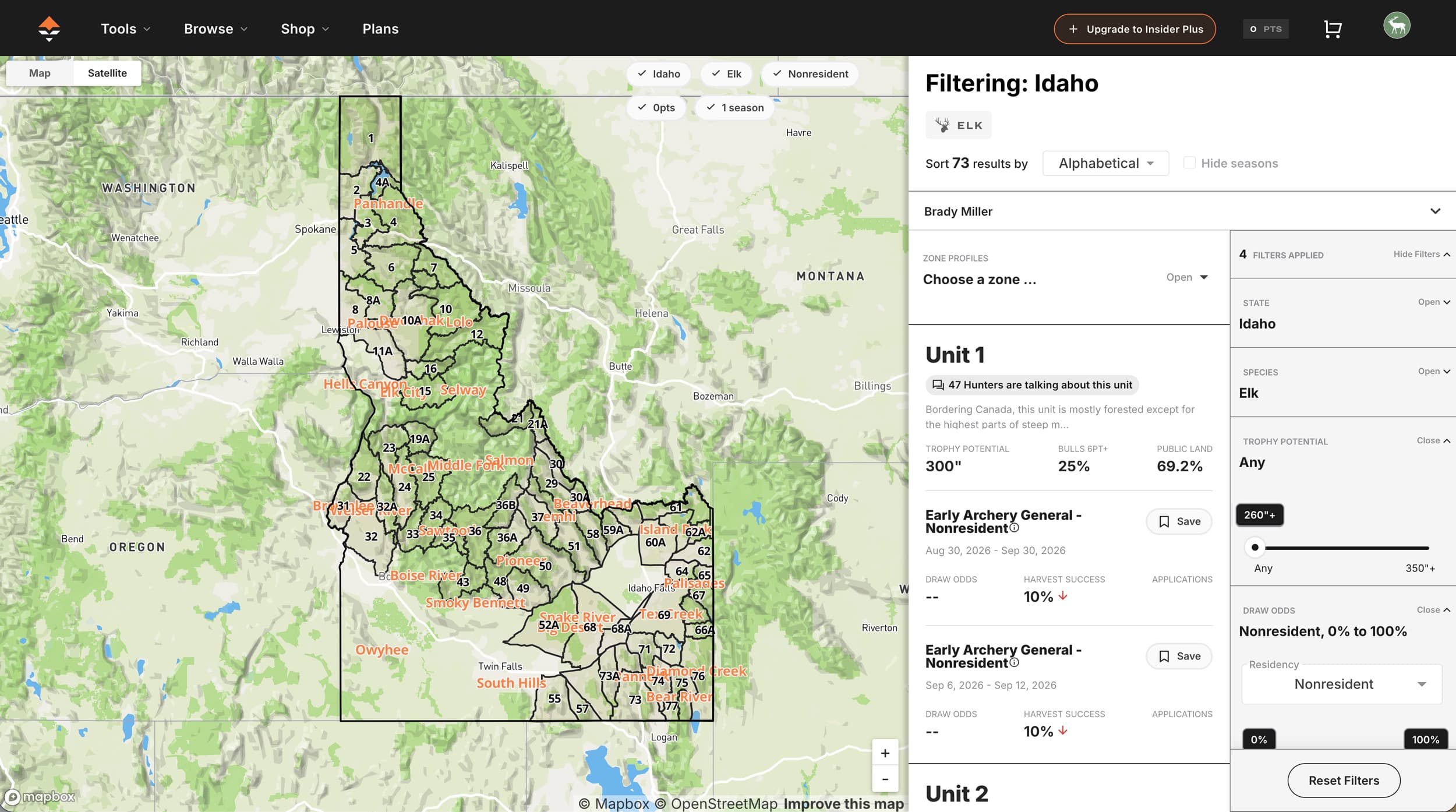 Researching for elk units in Idaho on GOHUNT Filtering