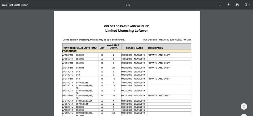 Sample of the colorado limited hunting license leftover list