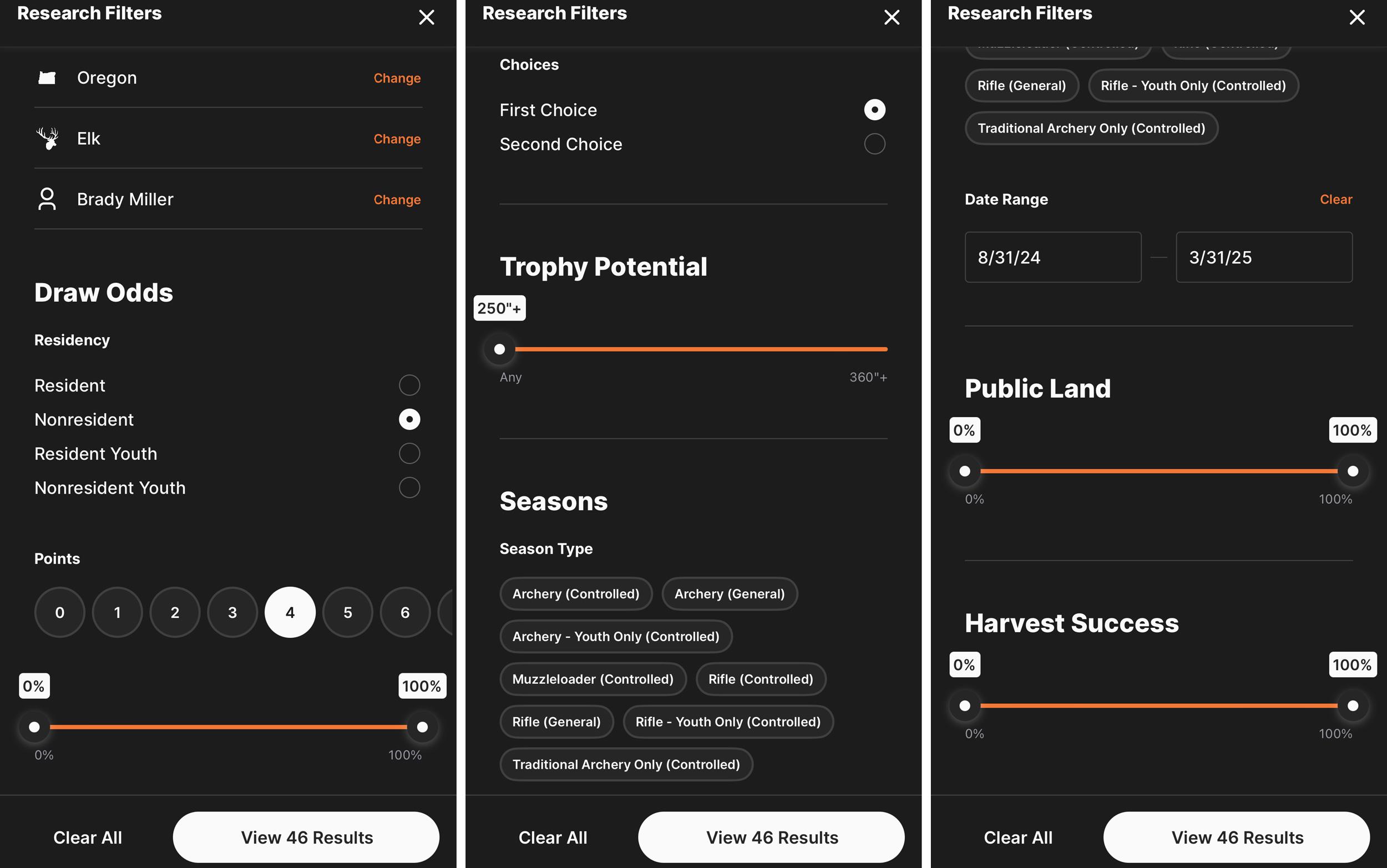 Various hunt filters available on the GOHUNT app