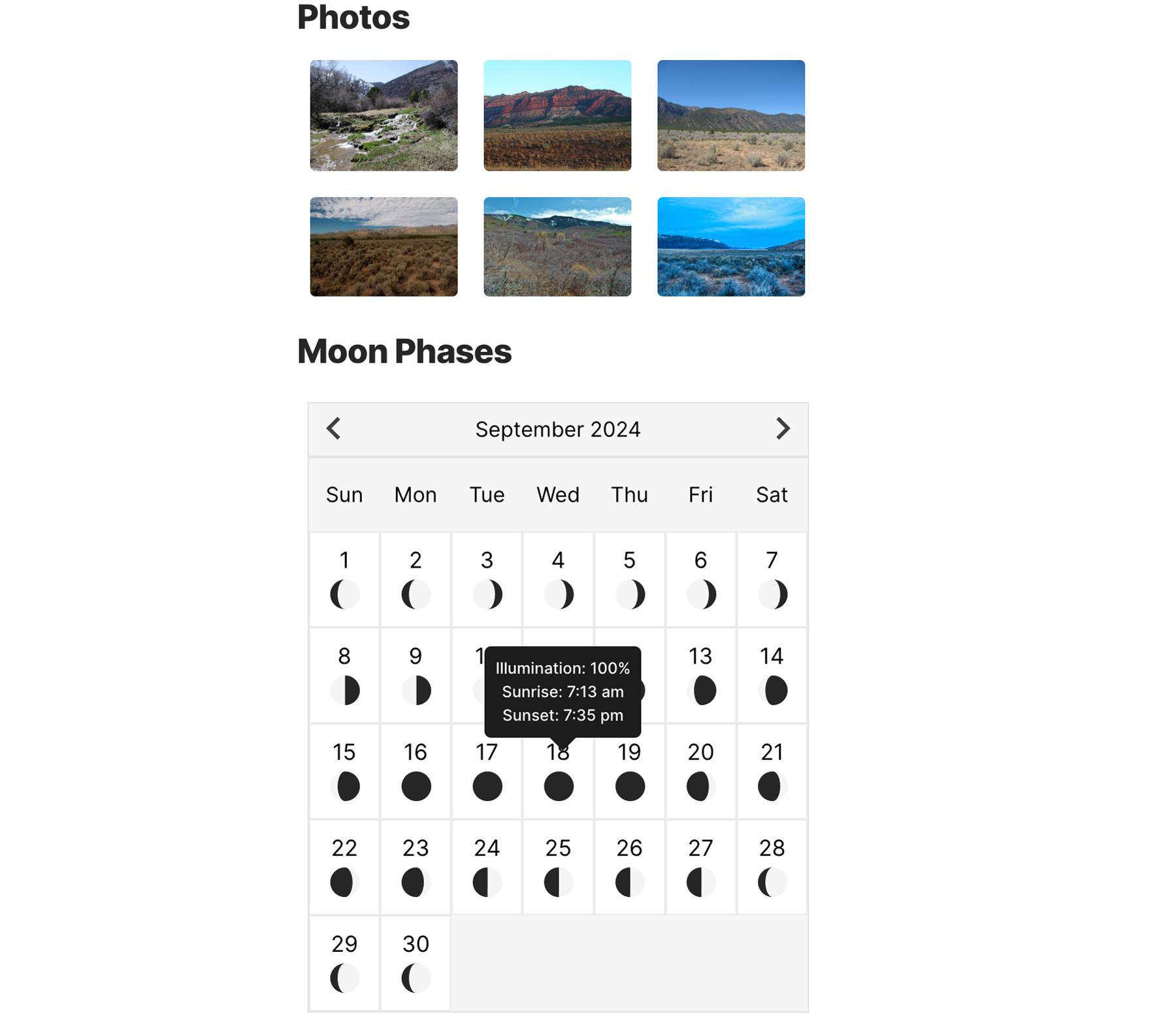 Sample photos of terrain in hunt unit plus moon phases