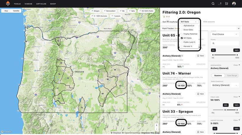 Sort elk hunt units by bull cow ratio