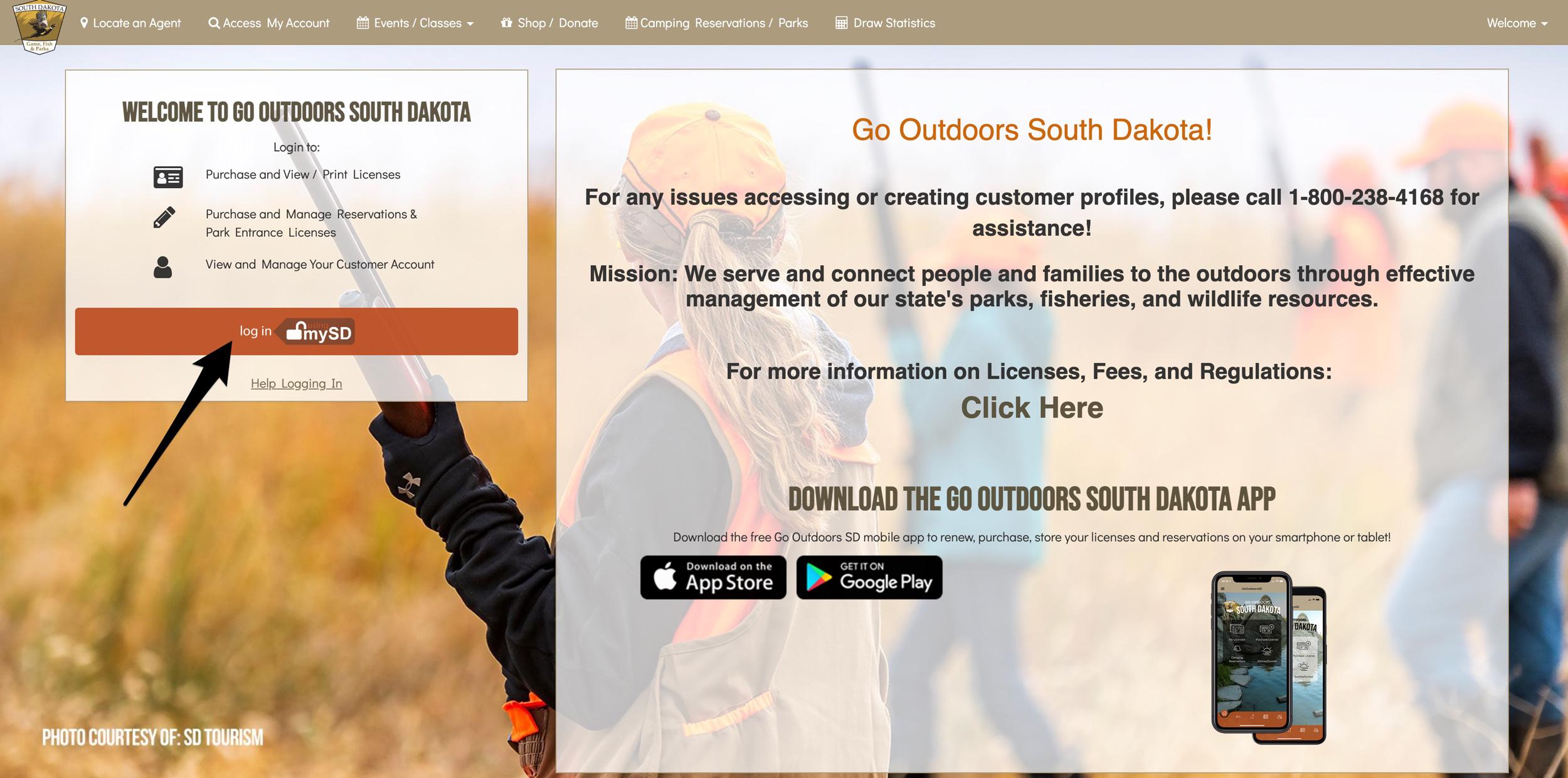 Login area for GO OUTDOORS South Dakota hunting licensing page