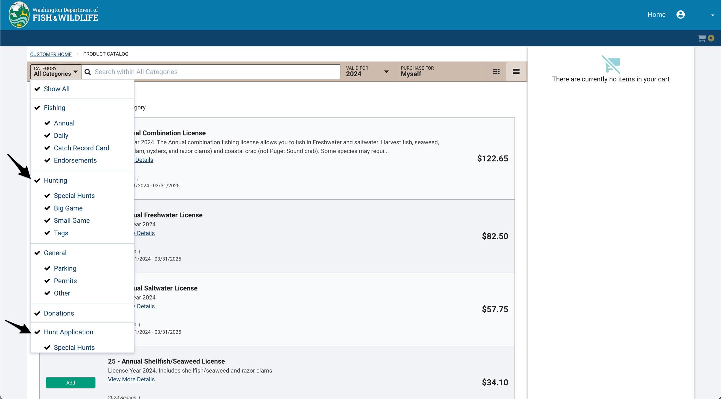 Sorting Washington license page by hunting and hunt application categories