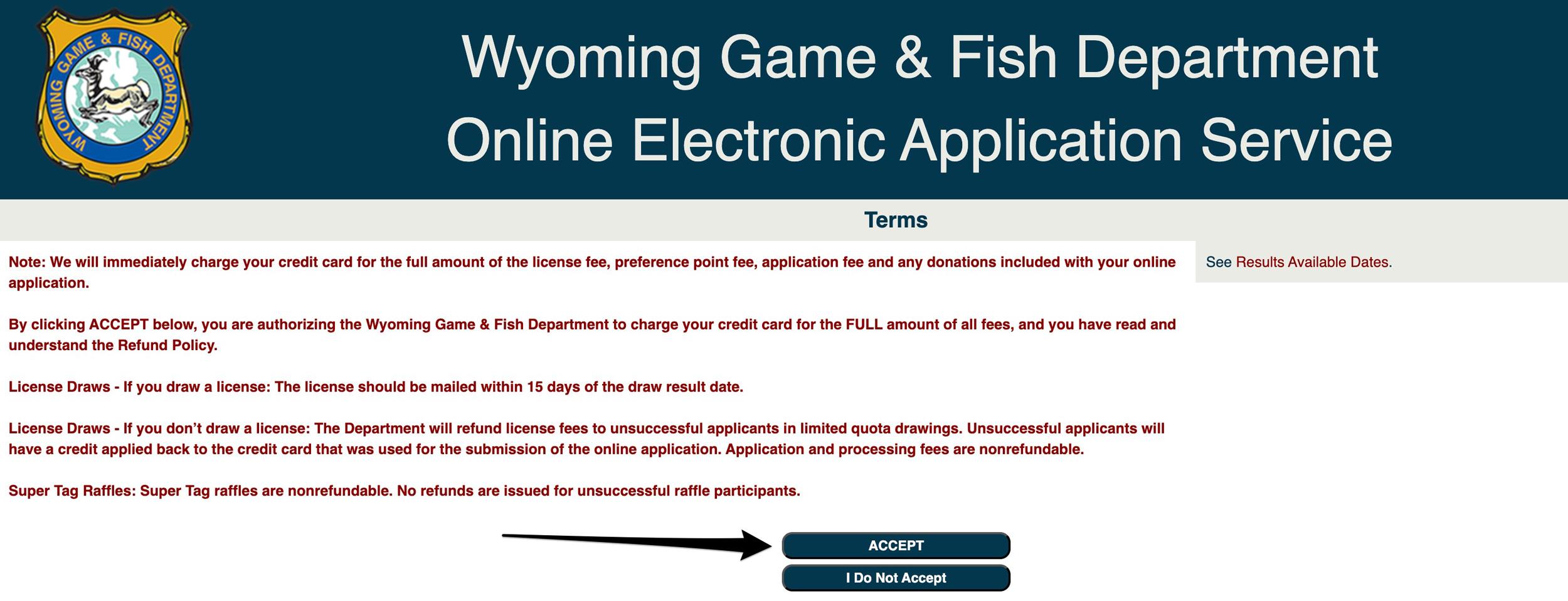 Accept Wyoming Game and Fish Department terms for charging your credit card