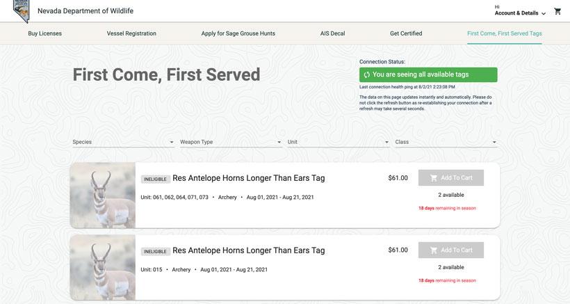 Nevada first come first served hunting license available